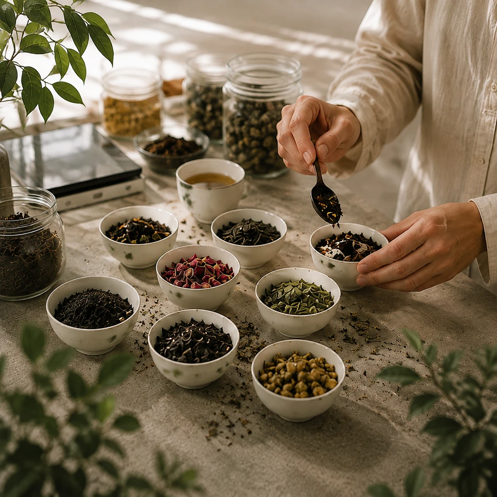 Tea blender mixing loose tea among bowls of botanicals